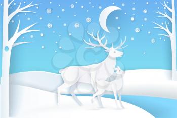 Deer and fawn near trees, dark sky and snow falling weather. Card in flat style with animals near woods, snowy sky with big moon in white color vector, paper art and craft style