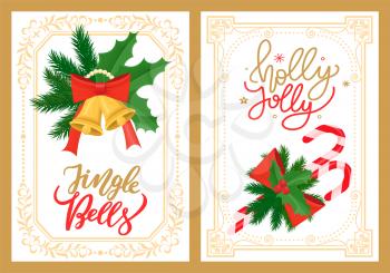 Jingle bells and holly jolly greeting cards with Christmas decorations, two candy sticks decorated by mistletoe holly berries and vector golden accessories