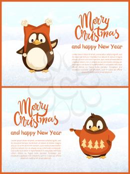 Penguins holding cup in sweater with pattern of tree and animal in funny hat with pompons. Greeting card Merry Christmas and Happy New Year vector