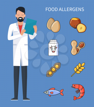Food allergens doctor with prescription and cure from disease vector. Allergy treatment, raw eggs and cow milk, wheat and shrimps, fish and beans