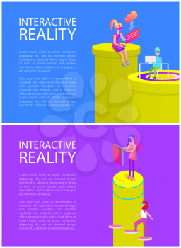 Interactive reality laptops used by people, set of posters vector. Woman downloading files and man working on computer. Walking female with vr glasses