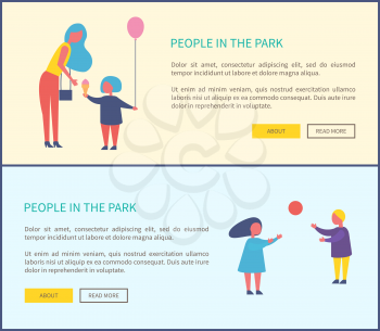 People in park, mother with daughter walking with icecream and helium balloon. Children boy and girl playing with ball, web online pages vector samples