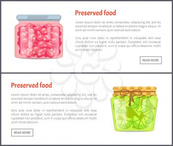 Preserved food banners, sweet cherry and sour lime. Fruits in jars, coserved or canned products for winter web pages with text vector illustrations.