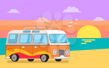 Travelling trailer van at coastline background of sunset, retro bus seascape, home for freelancer track wheels vector illustration auto on coast