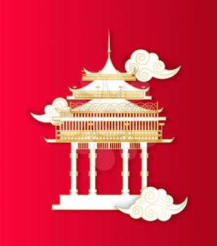 Asian architecture building in Asian style isolated icon vector. Construction in traditional ancient culture. Oriental drawing temple with clouds