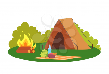 Camping place nature environment tent and bonfire vector. Camp and blanket with bowl and bottle with water, veggies and broccoli natural surrounding