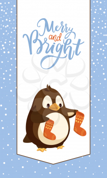 Penguin with knitted socks, Merry Christmas card. Bird and knitwear, winter holidays greeting postcard, snowflakes, Xmas stockings and animal vector
