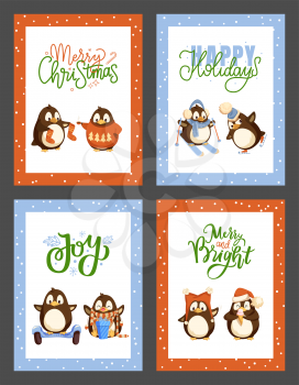Happy and bright winter holiday Christmas poster set vector. Eating ice cream, socks and knitted sweaters with pine tree evergreen print, skiing skating