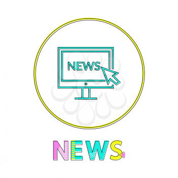 News vector illustration in linear outline style. Monitor screen with cursor sign gadget concept and web design simple line icon in circle contour