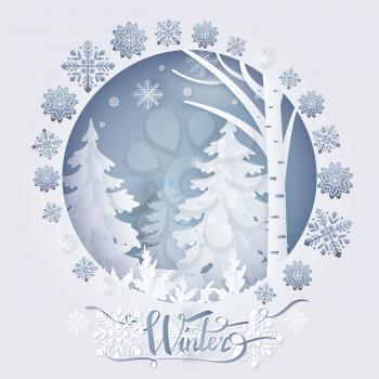 Winter paper card with forest and flakes of snow in round frame vector. Decorated postcard with snowflakes and fir-trees on snowy outdoor in white color, paper art and craft style