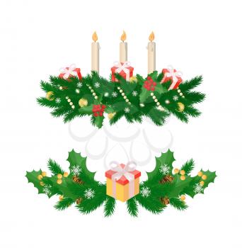 Christmas decorations with three burning candles, garlands, mistletoe leaves, holly berries and wrapped present gift box vector isolated icon. Spruce and cones, snowflakes