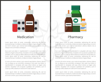Pharmacy medication items set. Posters with headlines text sample. Medicine production and mixtures in containers glass bottles vector illustration
