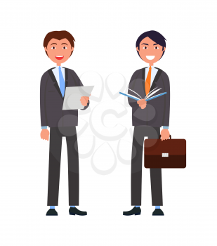 Male characters in expensive suit with tie, handsome businessman hold paper documents, caucasian men with briefcase vector illustration isolated white