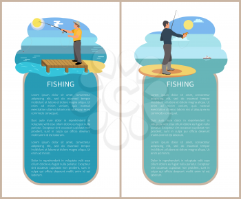 Fishing poster with headlines and text sample. Sunshine and sunny weather at seashore beach and bank of river. People fisherman vector illustration