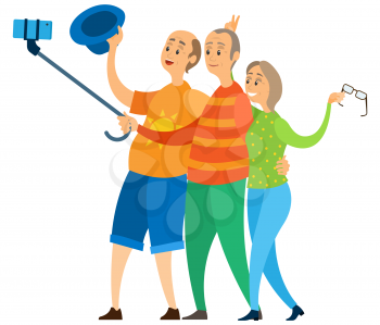 Old people on vacation vector, happy portrait together, characters take funny photo with hat and glasses, seniors posing before smartphone journey