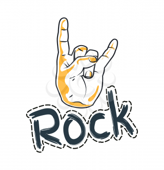 Rock sticker with dotted line, arm in horns shape, poster decorated by musical symbol, fingers on white, label of hard music, hand with border vector