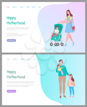 Smiling parent going with baby in carriage. Mother standing with son and daughter, portrait and full length view of family, motherhood web vector. Website or webpage template, landing page flat style