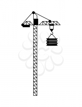 High lift construction with hook and load, crane in black color and flat design style, modern equipment for raising building objects, machine vector