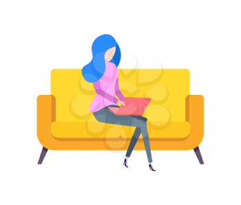 Freelancer working at laptop vector, comfortable couch at home lady typing info on computer, character on yellow furniture flat style businesswoman