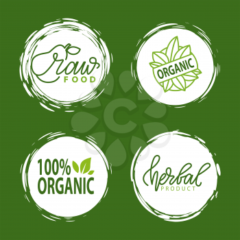 Fresh vegan food label, green poster natural and herbal product, 100 percent organic, healthy product, set of emblem, market sticker vector. Menu logo on white abstract watercolor lable