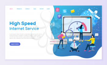 High speed internet service vector, monitor with information and person with magnifying glass analyzing. Woman and man with laptop working. Website or webpage template, landing page flat style