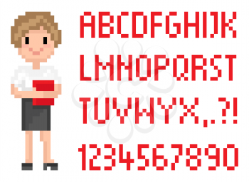 Blond woman vector, person working in office, worker wearing formal clothes secretary smiling, abc in pixel game, pixelated alphabet with numbers. 8 bit teacher