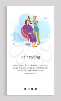 Hair styling, hairdresser holding hairdryer and bush equipments, hairstyle to woman, people characters in salon, beauty care, liquid shape vector. Website slider app template, landing page flat style