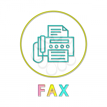 Fax round linear icon with machine and document. Device to send papers symbol on button colorful outline isolated cartoon flat vector illustration.