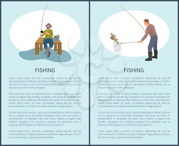 Fishing posters set with titles and text sample. People wearing special boots waders holding rod and landing net. Fish catchers vector illustration