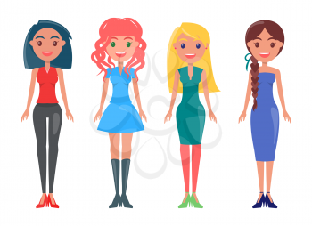 Brunette woman in black skinny pants, blue dress on redhead girl, stylish lady wears classic outfit, blonde female with green gown vector summer mode.