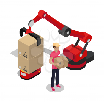 Contemporary manufacturing color vector poster, employee with box in helmet, mechanical and transporting robots, delivery service concept, male worker