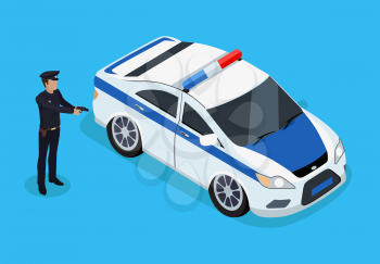 Police officer standing near patrol car color card, vector illustration of special vehicle with siren and blue stripes, man in uniform armed policeman