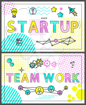 Start up and teamwork banners with linear icons. Business posters that have outline elements or schemes bright cartoon flat vector illustrations set.
