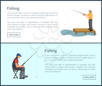 Fishing poster with people doing their work. Fishermen with rods standing on wooden pier and sitting. Process of catching fish vector illustration