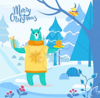 Merry Christmas postcard with bear and bird character near snowy spruce. Holiday animal holding present and cake greeting symbols. Poster with winter landscape and best wishes on festive vector