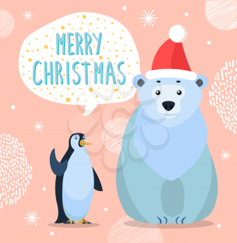 Polar white bear and emperor penguin, cartoon characters. Merry christmas greeting card. Preparing for winter holiday. Arctic animal in red hat and antarctic bird. Vector illustration in flat style