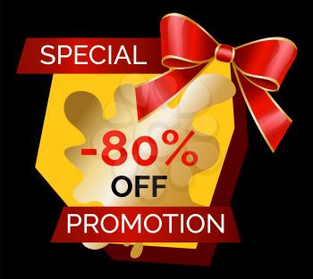 Shopping stickers or label big discount and best choice. Logotype limited promotion decoration by ribbon and bow. Super sale shop now, poster fantastic offer and special price on holiday vector