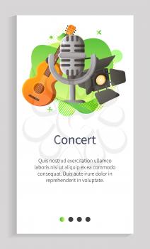 Concert performance vector musical instrument mike vintage microphone and spotlights for stage decoration acoustic guitar for songs and singing. Website or app slider template, landing page flat style
