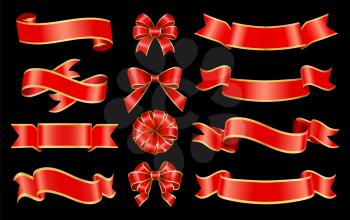 Set of banners and red ribbon bows for decoration of greeting cards and gifts boxes. Swirly stripes with copy space. Design of empty tapes for message placing. Vintage tapes isolated. Vector in flat