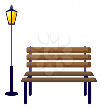Bench and glowing lantern, park furniture set. Isolated comfortable bench made of wood and metal. Composition for city decorating. Outdoors illumination and place to rest. Vector in flat style