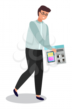 Male character with purchase form electronics shop. Isolated personage holding box package with new gadget from store. Sales and discounts on appliances and device. Happy customer flat style vector
