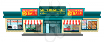 Super sale in supermarket on products and appliances. Discounts on TV set and washing machine, stove and fridge. Grocery store with food. Big building with store isolated on white. Vector illustration
