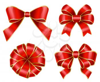 Red shiny bows made from ribbons isolated on white background. Set of for different types of knots. Wrapping gifts and packing boxes with present for party, celebration. Vector illustration in flat