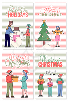 Four postcards that greeting with xmas. People having fun and greet each other with merry christmas. Vector captions with wishing happy winter holidays. Family making snowman and woman near fir tree