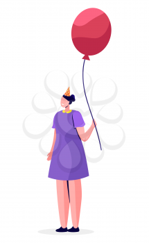 Little child standing alone and smiling. Brunette girl dressed in violet dress and holiday hat. Happy kid with pink balloon in hands isolated on white background. Flat cartoon vector illustration