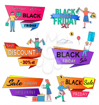 People near captions with promotion. Black friday sale in stores and shops. Big discounts, best offers and prices on products. Men and women on shopping. Vector colorful labels for advertising