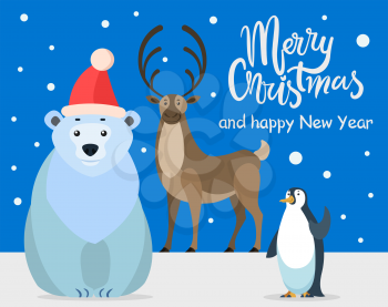 Polar white bear, emperor penguin and north reindeer, cartoon characters. Merry christmas greeting card. Preparing for winter holidays. Arctic animal in red hat. Vector illustration in flat style
