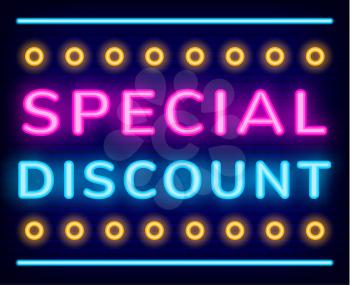Special discount neon sign vector. Exclusive offer on cyber monday, shiny banner with glowing font and decor elements. Promo poster for store, shopping online. Web design for website promotion