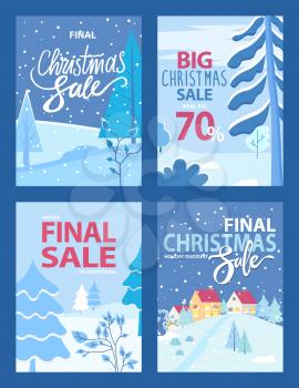 Set of promotional banners for christmas and new year winter holidays celebration. 70 Percent off price, woodland with trees and snowflakes. Village with buildings on hill. Vector in flat style