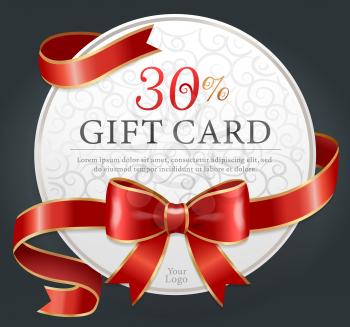 30 percent discount gift card on black background. Template of paper round voucher with text tied with red ribbons and bow. Present certificate for shopping. Vector illustration in flat style